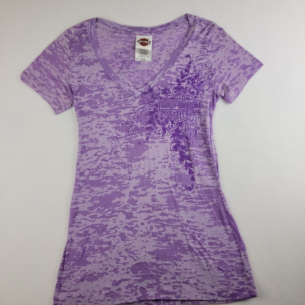 Harley Davidson Purple Burnout V-Neck Graphic Shirt Rhinestone Michigan Womens M